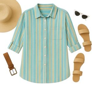 Denim & Co Naturals Women’s Blue Stripe Linen Cotton Button Front Shirt XXL EUC